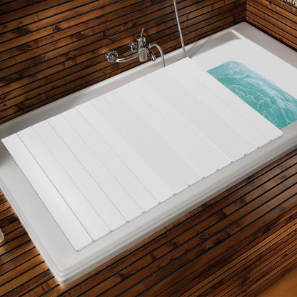 White Wood Grain Foldable Bathtub Cover, PVC Waterproof Dustproof Bath Tub Lid, Heat Preservation Bathroom Tub Tray for Home Hotel Spa (59.06×31.5×0.26)