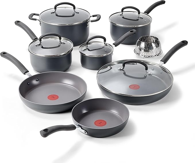 T-Fal Ultimate Hard Anodized Nonstick 13 Piece Cookware Set, Oven Safe Up to 400°F, Pots and Pans Set, Includes Frying Pans, Saucepan, Stockpot, Cooking Utensils, Grey