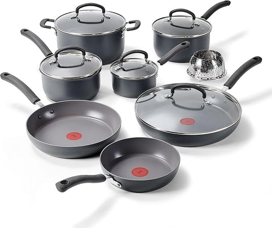 T-Fal Ultimate Hard Anodized Nonstick 13 Piece Cookware Set, Oven Safe Up to 400°F, Pots and Pans Set, Includes Frying Pans, Saucepan, Stockpot, Cooking Utensils, Grey