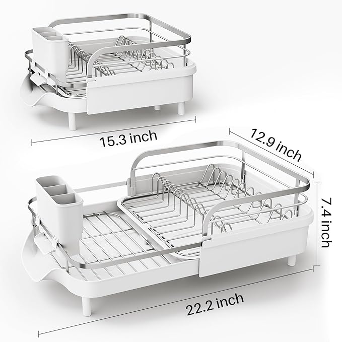 SAYZH Dish Drying Rack - Expandable Dish Rack for Kitchen Counter, Rust-Resistant Dish Drainer with Utensil Holder and Raised Guardrail, Kitchen Organizer for Cup and Bottle (White)
