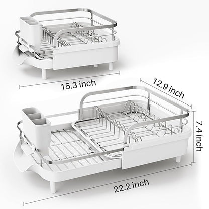 SAYZH Dish Drying Rack - Expandable Dish Rack for Kitchen Counter, Rust-Resistant Dish Drainer with Utensil Holder and Raised Guardrail, Kitchen Organizer for Cup and Bottle (White)