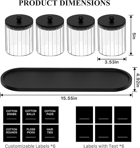 masadi 4 Pack Glass Qtip Holder Set with Tray- Bathroom Countertop Set Organizers, Cotton Round Swab Holder Dispenser Cotton Ball Holder, Apothecary Jars with Lids, Floss Pick Containers - ms Black