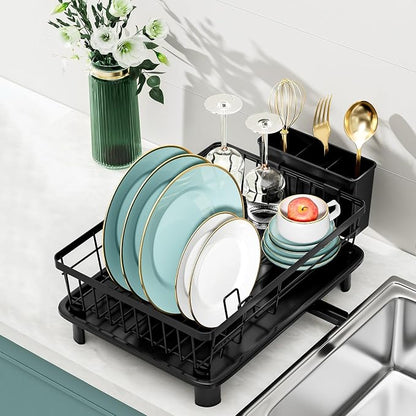 Small Dish Drying Rack, Space Saving Dish Racks for Kitchen Counter, Kitchen Organizer Dish Drainer with Cutlery Holder for Spoons and Forks, 11''W x 15''L, Black