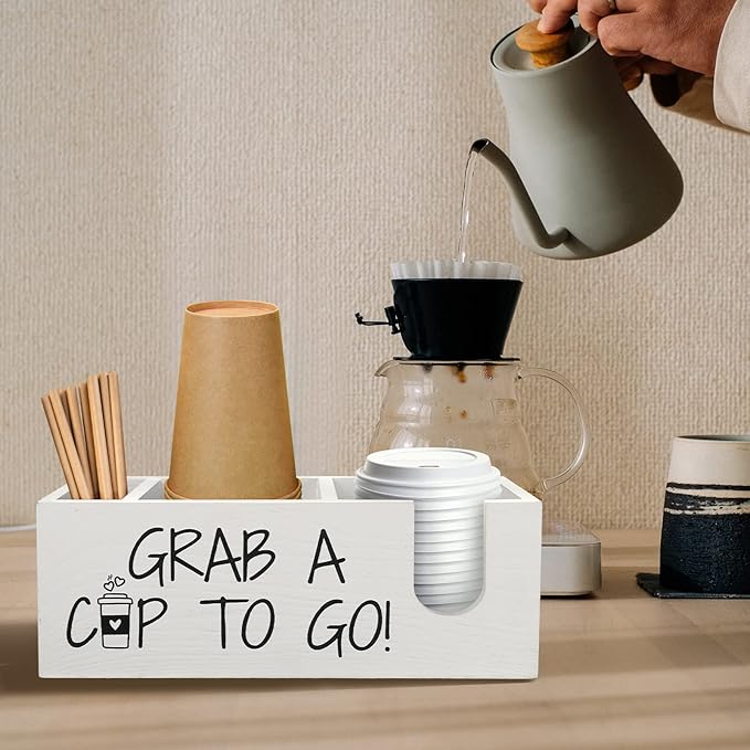 Coffee Station Organizer for Cup and lid Storage Box, Farmhouse Wood Coffee Bar Accessories Disposable Cup Holder for Counter Decor - White