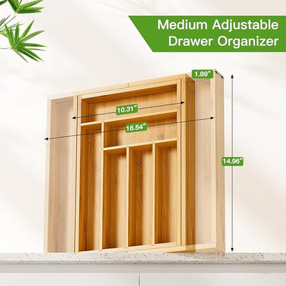 Pipishell Bamboo Expandable Drawer Organizer for Utensils Holder, Adjustable Cutlery Tray, Wood Drawer Dividers Organizer for Silverware, Flatware, Knives in Kitchen, Bedroom, Living Room(M-N)