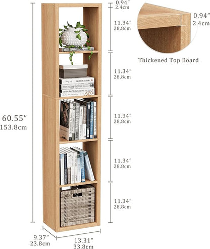 Tall Cube Storage Organizer Bookcase, 5 Tier 11 inch Open Back Cubical Shelf with Thickened Border, Display Bookshelf for Living Room, Home Office, Sturdy Room (Natural Oak, 5 Cube,Vertical)