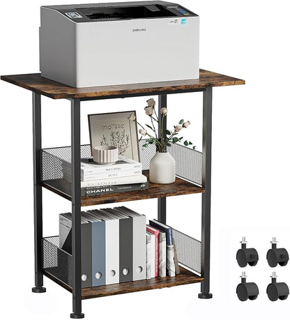 BOHDK Printer Stand, 3-Tier Industrial Large Printer Table with Shelf, 23"x15" Mobile Heavy Duty Storage Rack on Wheels for Home Office Printer Fax Machine Scanner Copier