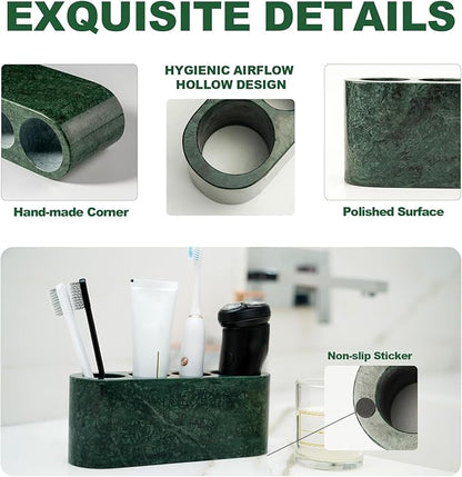 BCS Toothbrush Holder for Bathrooms, 4 Slots Marble Toothbrush and Toothpaste Holder Stand Bathroom Organizer Countertop for Electric Toothbrush, Floss, Razor, Comb - Italy Green