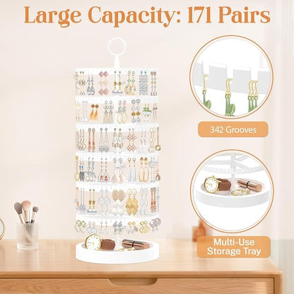 iDavosic.ly 6 Tier Rotating Earring Holder Organizer with Wooden Tray, Large Dangle Display Stands Tree with 342 Plastic Grooves, Adjustable Hoop Storage Rack, Space Saving Tower, White