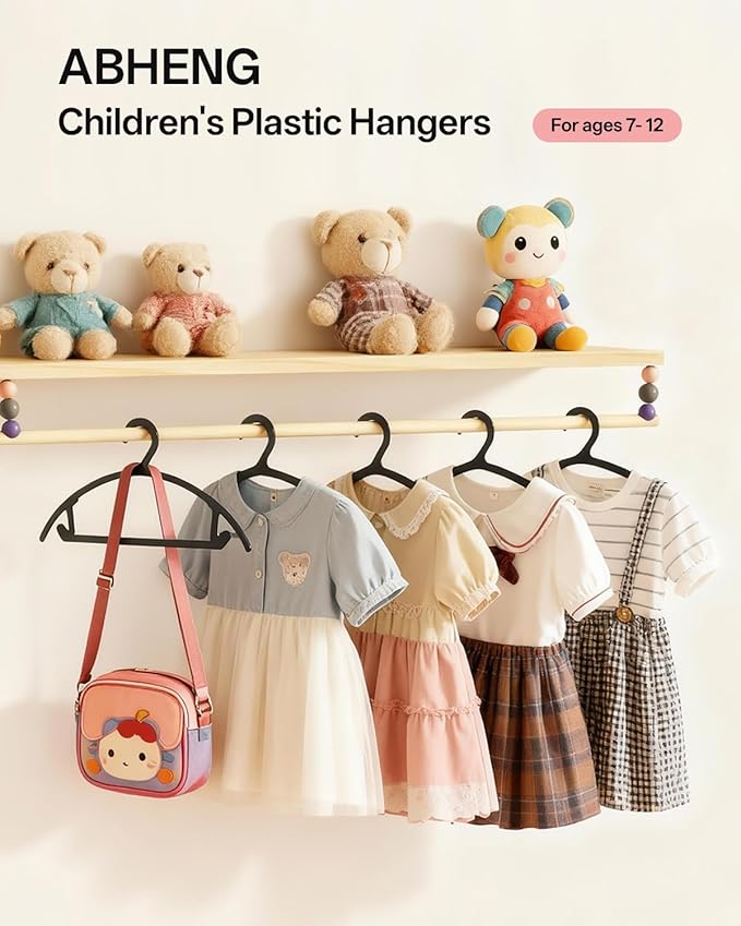 60 Pack Kids Hangers, Non-Slip & Sturdy Coat Hangers, Ultra-Thin Plastic Suit Hangers for 7-12 Years Old, Dry & Wet Dual-Use Multi-Scenario Storage, Holds Up to 11 LB, 14" W, Black, UAPY0960B