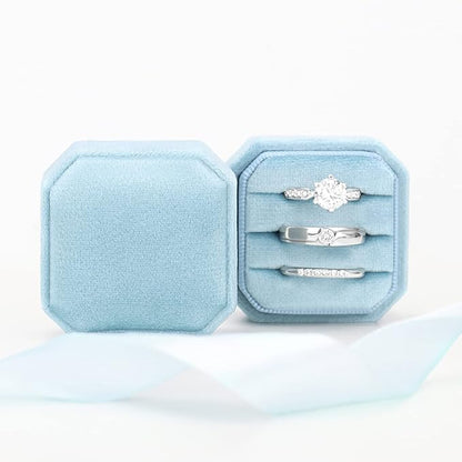DesignSter Velvet Ring Box - Square 3 Slots, Wedding & Engagement Proposal, Premium Ring Bearer Box (Dark Blue)