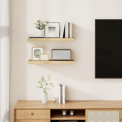 Fun Memories Rustic Floating Shelves for Home Decor, 8 Inch Deep Floating Shelf, Solid Wood Floating Wall Shelves 24 Inch Long, Deep Wall Shelves for Bathroom, Living Room, Natural Finsh, Set of 2