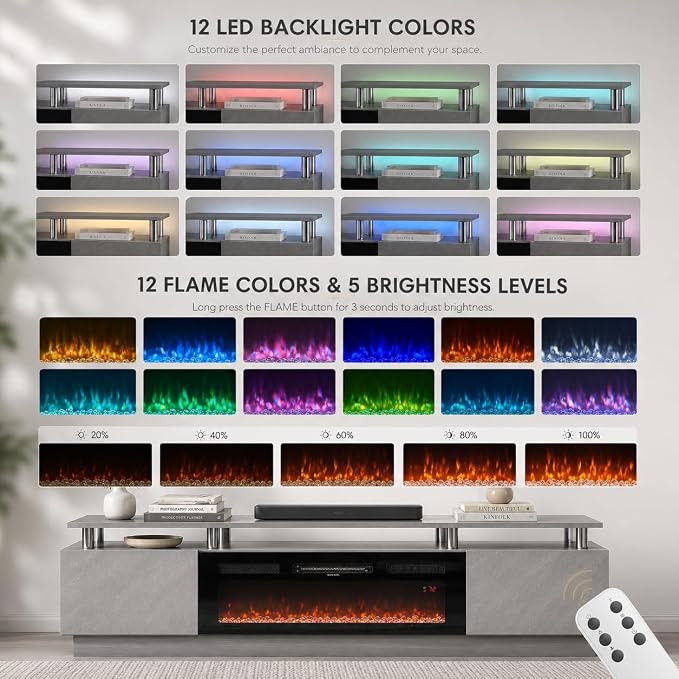 70" TV Stand for Living Room, Entertainment Center with Storage Cabinet, Fits TVs up to 80", Modern Media Console with Shelves, 36" Electric Fireplace (Grey+Black)