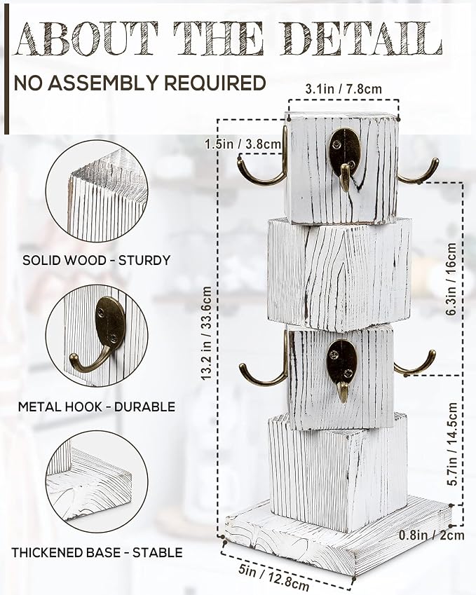 PUERSI Coffee Mug Holder for Counter, Rustic Solid Wood Mug Tree, Farmhouse Wooden Coffee Cup Rack with 8 Hooks (Farmhouse White)