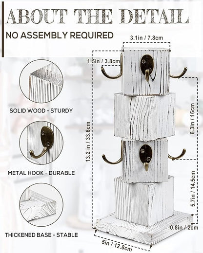 PUERSI Coffee Mug Holder for Counter, Rustic Solid Wood Mug Tree, Farmhouse Wooden Coffee Cup Rack with 8 Hooks (Farmhouse White)