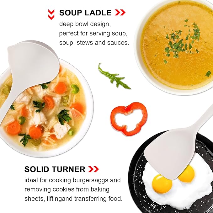 IOCBYHZ Silicone Cooking Utensils Set 5 Pcs Large Non-Stick Kitchen Utensils Set, Wooden Handle Heat Resistance Turner Soup Ladle Spoon Silicone Cooking Kitchen Gadgets BPA Free for Nonstick Cookware