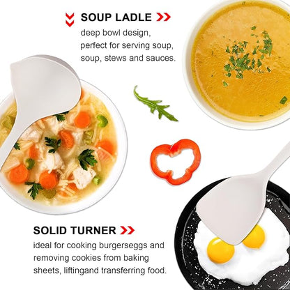 IOCBYHZ Silicone Cooking Utensils Set 5 Pcs Large Non-Stick Kitchen Utensils Set, Wooden Handle Heat Resistance Turner Soup Ladle Spoon Silicone Cooking Kitchen Gadgets BPA Free for Nonstick Cookware
