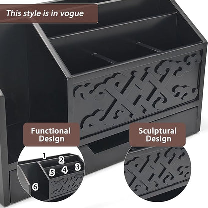 Black Wooden Mail Organizer with Drawer, Three Tiered Desk Accessories for Office Organization and Storage, Stylish Countertop Document Storage, Home/Office/Classroom Supplies (Black03)