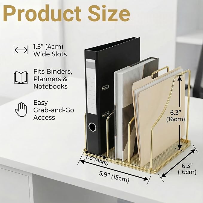 2-Pack Gold Metal File Organizer with Mesh Bottom - Vertical Magazine, Mail & Paper Sorter - 3-Slot Wire Rack for Office, Binders, Makeup Palettes - Aesthetic Desk Organizer