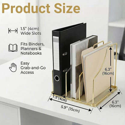 2-Pack Gold Metal File Organizer with Mesh Bottom - Vertical Magazine, Mail & Paper Sorter - 3-Slot Wire Rack for Office, Binders, Makeup Palettes - Aesthetic Desk Organizer