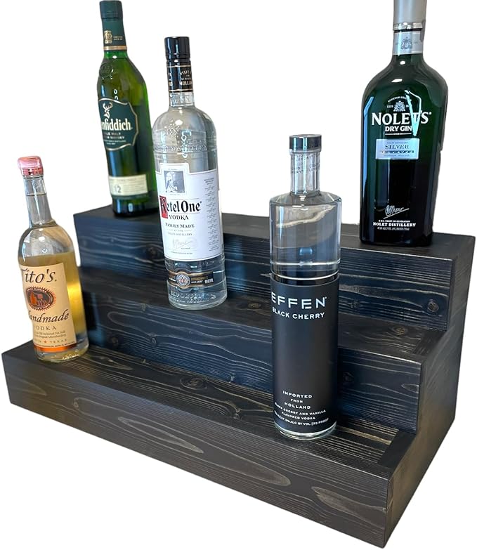 Handmade Tiered Display Shelving - Three Tier Bar Display - Bar Organizer - Liquor Bottle Display (36" with Back, Black)
