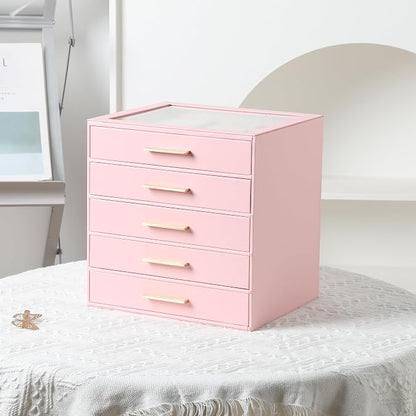 Frebeauty Clear Lid Jewelry Box,5-Layer Jewelry Organizer with Drawer,PU Leather Jewelry Organizers and Storage,Jewelry Boxes for Women,Jewelry Storage for Rings Earring Stud,Gift for Women(Pink)