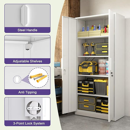 71''H Metal Garage Storage Cabinets with Lock, White Tall Storage Cabinet with Doors and 4 Adjustable Shelves, Lockable Steel File Cabinet for Office, Home, Garage (White, 71"H x 31.5"W x 16.5"D)