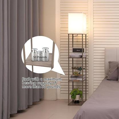 Gupuzm Floor Lamp with Shelves, Modern Square Standing Lamp with 3 Color Temperature Bulb, Corner Display Bookshelf Lamp for Living Room, Bedroom and Office （Grey）