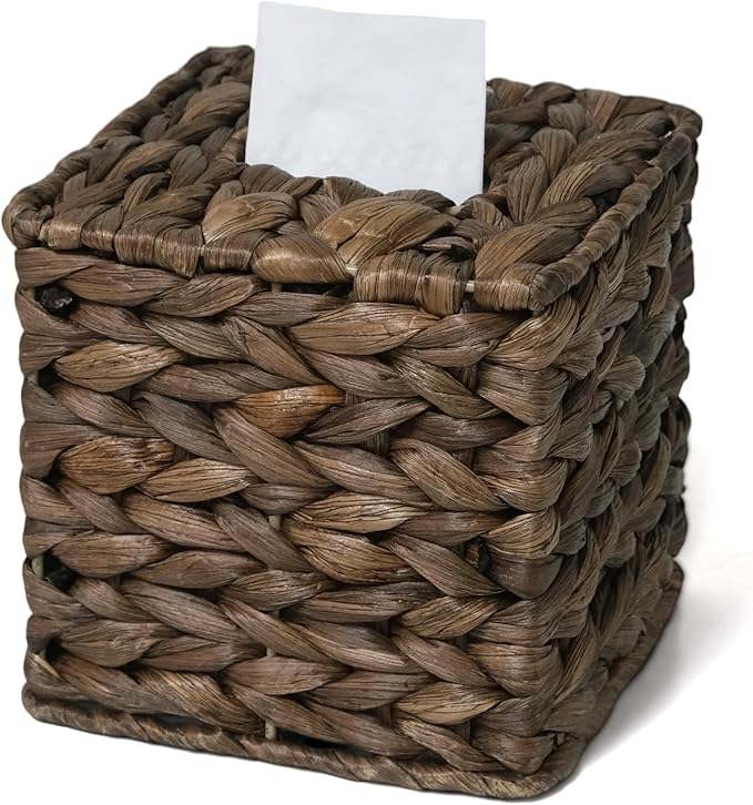 Tissue Box Cover, Square Wicker Tissue Box Holder Facial Tissues Boxes, Hand Woven Napkin Box Tissue Holder for Bathroom Bedroom Office Table Desk Night Stand, Boho Decorative, Brown