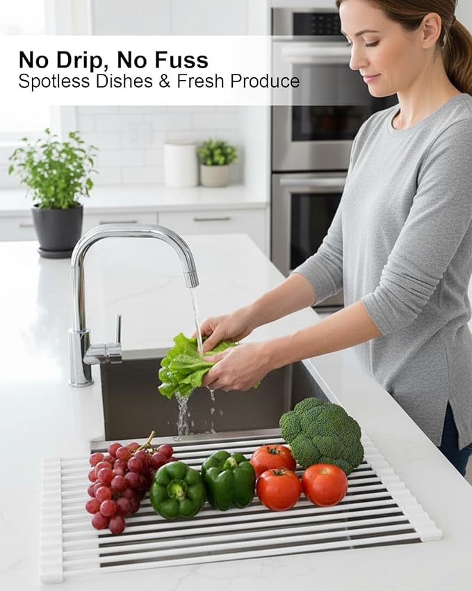 Roll Up Dish Drying Rack Over Sink, 16.93" x 12.99" Foldable Silicone Wrapped Stainless Steel Over The Sink Dish Drying Rack, White