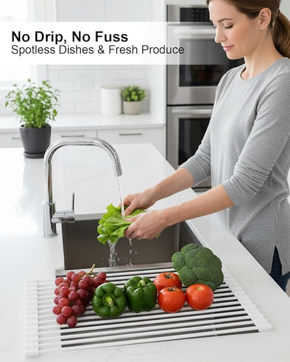 Roll Up Dish Drying Rack Over Sink, 16.93" x 12.99" Foldable Silicone Wrapped Stainless Steel Over The Sink Dish Drying Rack, White