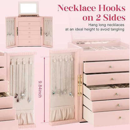 Dajasan Jewelry Box for Girls Women, 6-Tier Large Jewelry Organizer Box, Jewelry Storage Organizer, Jewelry Gift Box for Christmas, Valentine's Day, Birthday, Mother's Day (Pink)