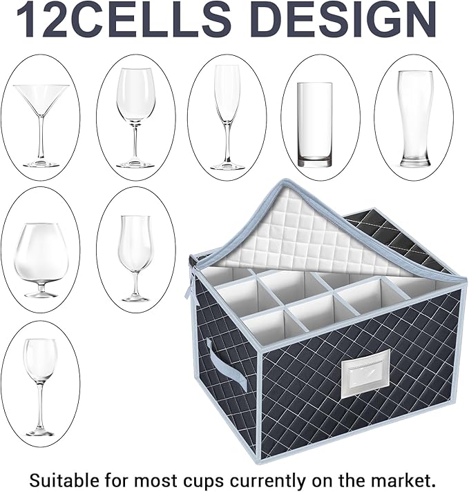 Wine Glass Storage Box with Dividers Holds 24 Stemware Storage Cases or China Crystal Glassware Containers with Handles and Lable Window (15.5" x 12.5"x10")-Set of 2 Grey