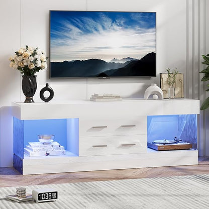 Bestier Modern 60 Inch TV Stand for 65/60/55+ TV, High Gloss White Entertainment Center with 2 Drawers & LED Lights, Stone-Pattern Side Panels TV Consoles for Living Room, Bedroom