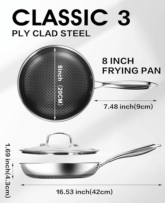 Nonstick Frying Pan with Lid,8-Inch Stainless Steel Skillet with Honeycomb Surface,Oven-Safe,PFAS-Free,Non-Toxic,Dishwasher-Friendly,Compatible with All Cooktops.