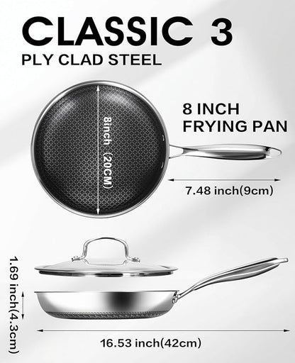 Nonstick Frying Pan with Lid,8-Inch Stainless Steel Skillet with Honeycomb Surface,Oven-Safe,PFAS-Free,Non-Toxic,Dishwasher-Friendly,Compatible with All Cooktops.