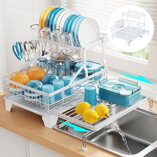 GSlife Large Dish Drying Rack 2 Tier, Expandable Kitchen Dish Drainer for Pots and Pans, 360° Swivel Spout, Rust-Resistant Metal Dish Rack with Utensil & Cup Holder, 16.9" W x 14.4"-22.4" L, White