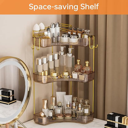 3-Tier Corner Bathroom Counter Organizer，Makeup & Skincare Shelf with Built-in Brush Holder，Space-Saving Bathroom Countertop Organizer for Skincare, Perfume, Cosmetics(Green)
