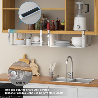 AmonHouseware 2Pack Under Shelf Basket Organizer,Adjustable Hanging Holder Storage for Cabinet Pantry Kitchen Cupboard Desk Counter Bookshelf Organization Add-on Space Saver Heavy Duty Slide-in,White