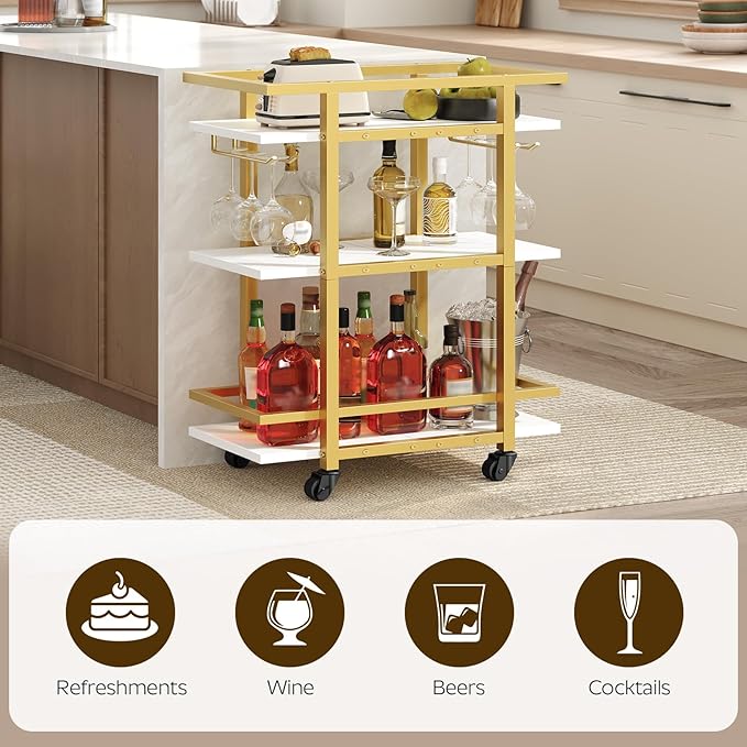3 Tier Bar Cart, Home Bart Serving Cart with Glass Holders, Rolling Beverage Cart, Mobile Kitchen Shelf, for Home, Garden, Party, Gold BC19DW