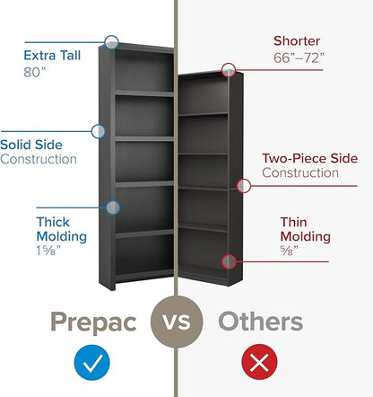 Prepac Moda 5-Tier Tall Wooden Bookcase, Black Storage Cabinet, Display Cabinet, Bookshelf with Storage Shelves 31.75" W x 80" H x 12" D for Home Office, Living Room, Bedroom Organizer