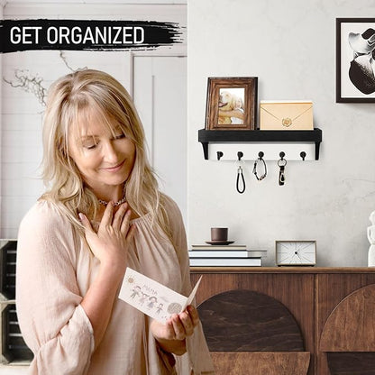 Rebee Vision Key Holder Wall Mount with Shelf - Decorative 2-Color Key Rack with 5 Rustic Key Hooks and Primitive Wood Mail Organizer Wall Mount - Modern Farmhouse Entryway Decor (Black & White)