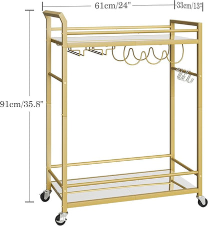 3 Tier Bar Cart, Small Beverage Cart, Mini Bar Cart with Wine Rack, Home Bar Serving Cart with Wheels for Kitchen Dining Living Room (Gold, Mirrored)