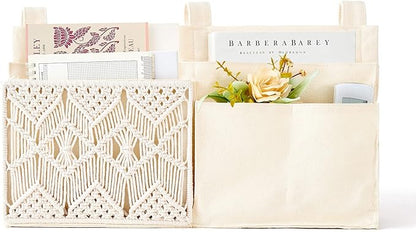 Mkono Bedside Caddy Hanging Organizer, Bunk Woven 7 Pockets Bed Storage Bag Boho Remote Magazine Books Holder with Macrame for Loft Bed College Dorm Bedroom Baby Bed Rails, Ivory