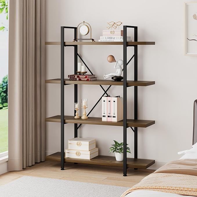HSH Industrial 4 Tier Bookshelf, Modern Metal and Wood 4 Shelf Bookcase Etagere, Farmhouse Open Wide Display Storage Bookshelves and Bookcases Heavy Duty for Bedroom Living Room Office, Rustic Oak