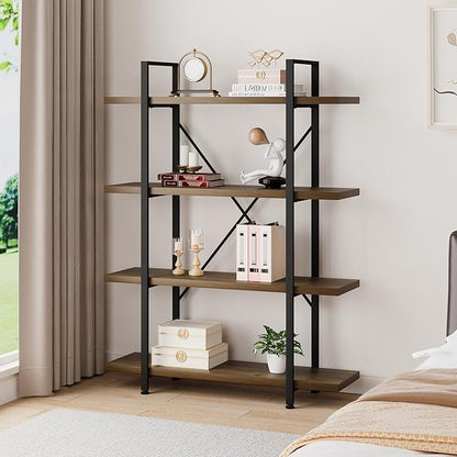 HSH Industrial 4 Tier Bookshelf, Modern Metal and Wood 4 Shelf Bookcase Etagere, Farmhouse Open Wide Display Storage Bookshelves and Bookcases Heavy Duty for Bedroom Living Room Office, Rustic Oak