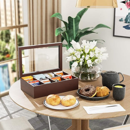 Alsonerbay Wooden Tea Box Tea Bag Holder Kitchen Storage Chest Box for Spice Pouches and Sugar Packets with 8 Compartments and Glass Window Walnut