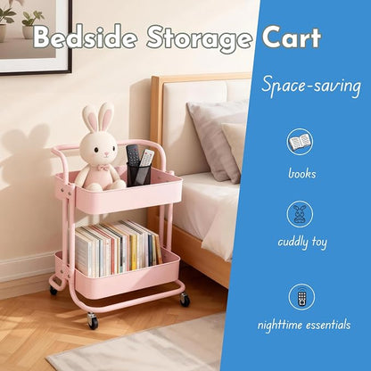2 Tier Short Rolling Cart with Wheels All-Metal Pink Pantry Storage for Kitchen,Under Desk Trolley with Handle Small Wheeled Storage Cart for Laundry Room Bathroom, Under Table Small Space
