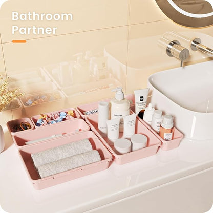 A-LuGei 【Military Grade Drawer Organizer, 【𝟱𝗦𝗶𝘇𝗲】 Makeup organizer, 【Holds 177 Items】 Bathroom Organizers and Storage, Organization and Storage, Desk Drawer Organizer for Vanity (Pink)