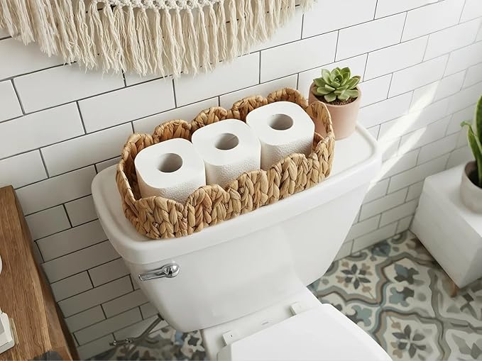 Coeusy Toilet Tank Basket for Bathroom,Scalloped Edge Wicker Basket for Toilet Paper Storage,Small Baskets for Countertop,Shelves,Living Room,Bedroom,Both Organizer&Decor Natural Water Hyacinth